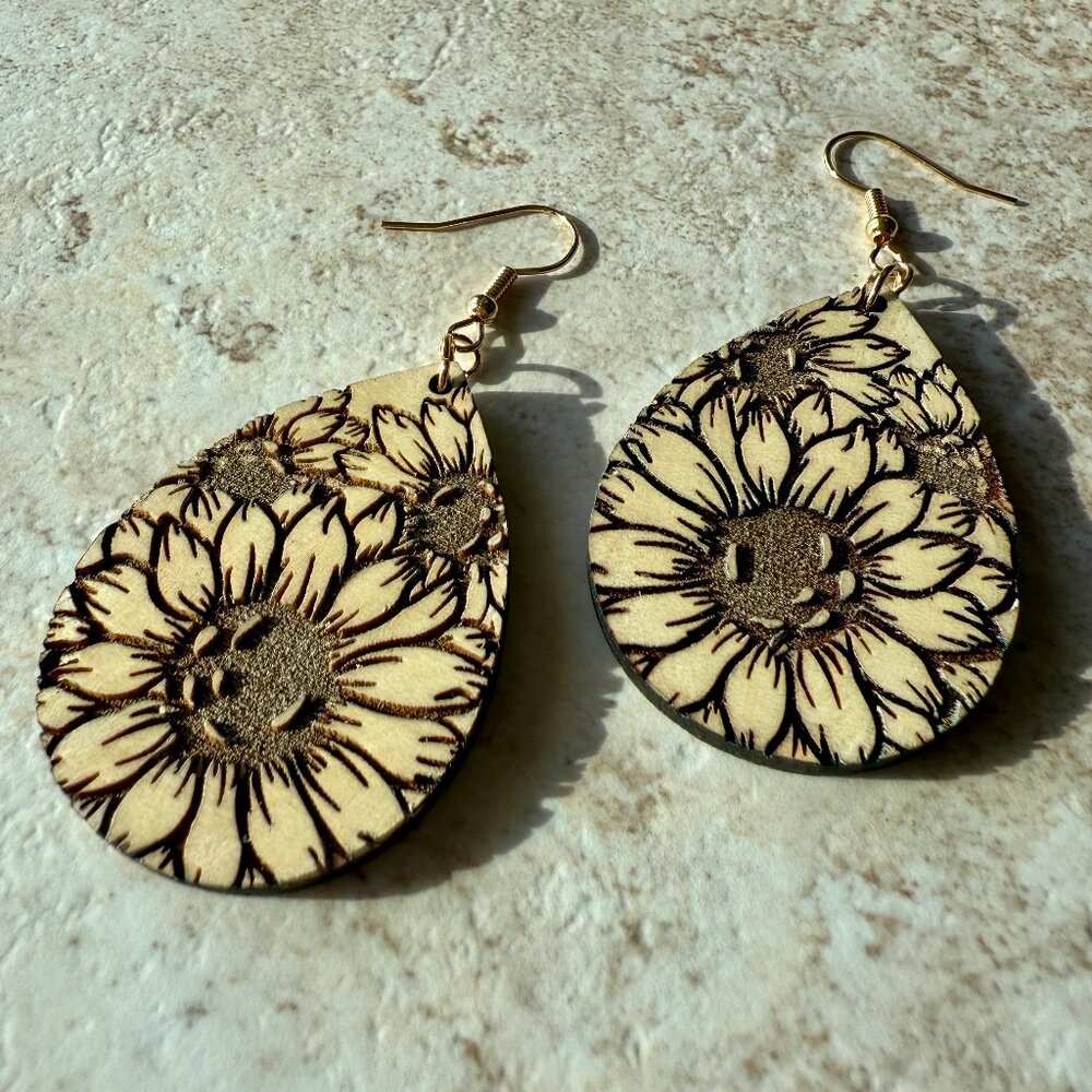 Teardrop Sunflower Earrings | Maple Wood Floral Dangles | Lightweight Boho Jewel